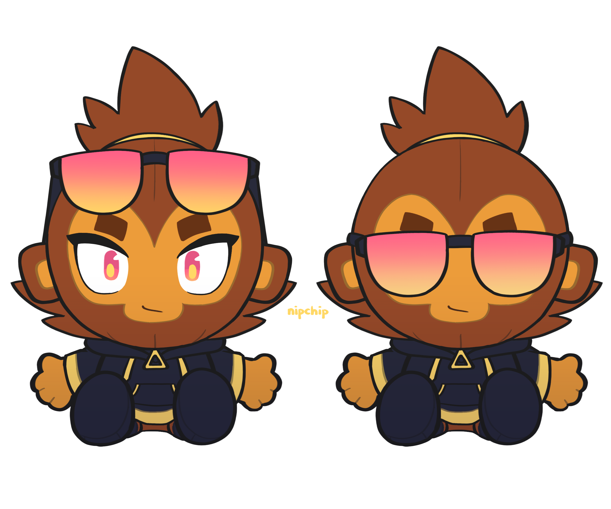 Kira as a Makeship Bloons plush: the first with her shades rested on her head, the second with them covering her eyes.